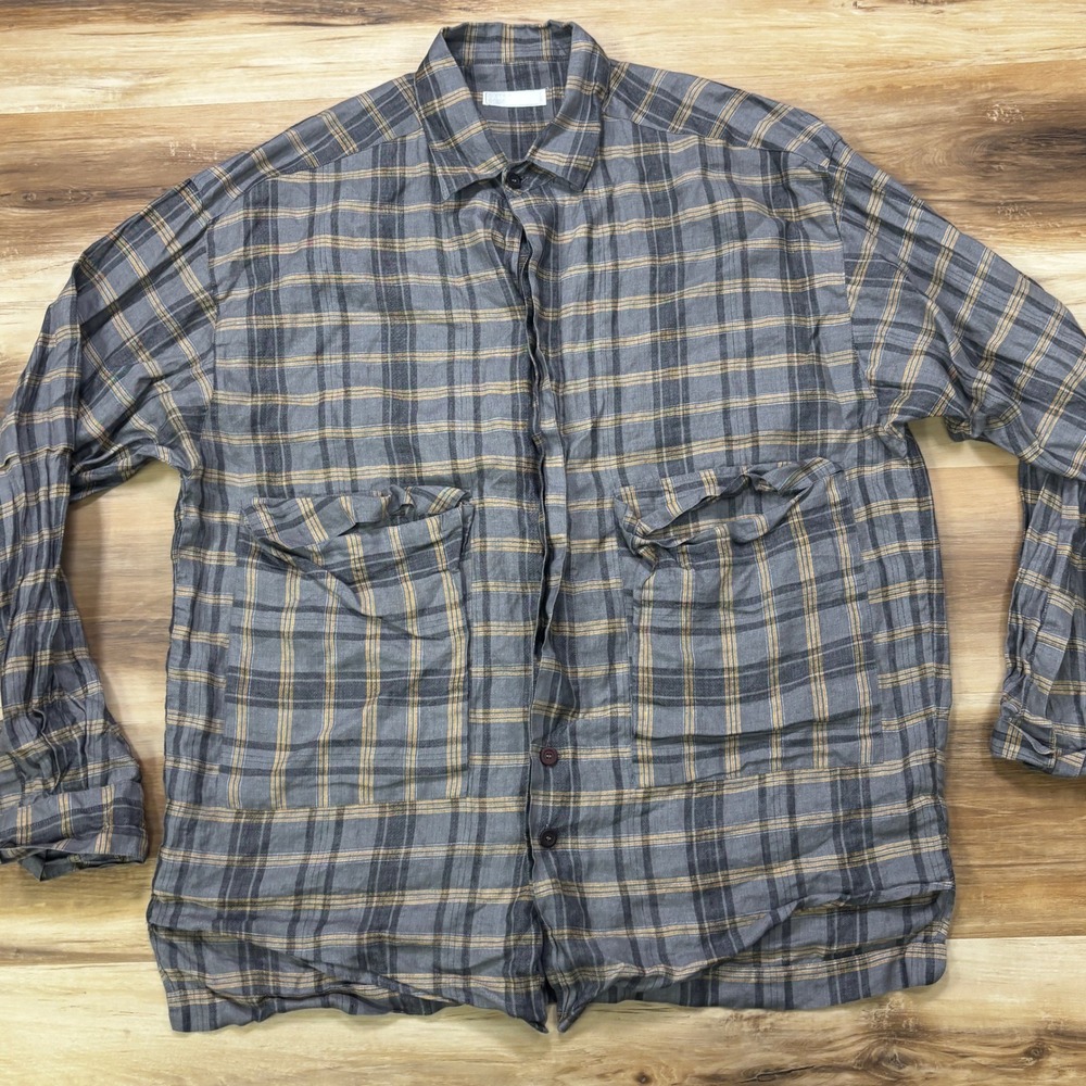 Vintage 90s Verri Uomo Overshirt Plaid Utility Shirt 44 Oversized 100% Linen